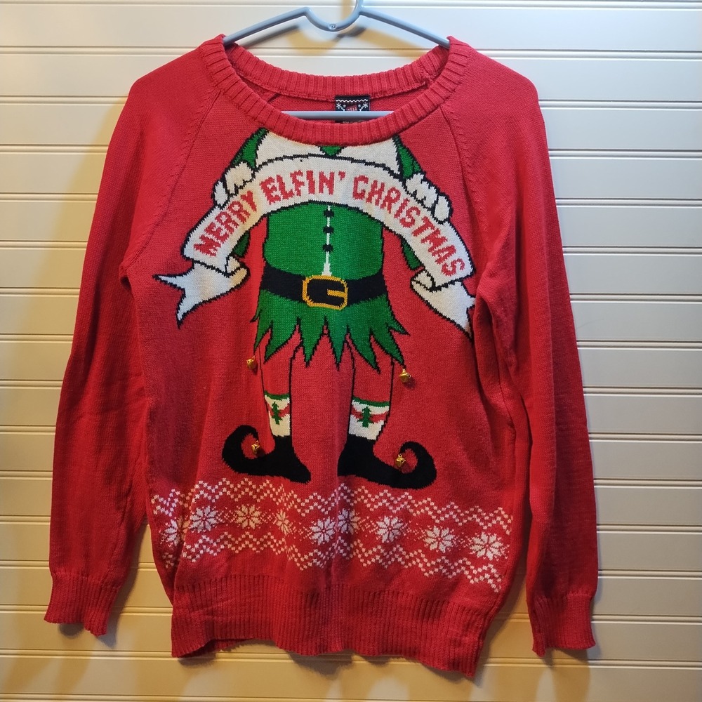 "Well Worn" Holiday Sweater Merry Elfin Christmas Graphic Red Women's Size M